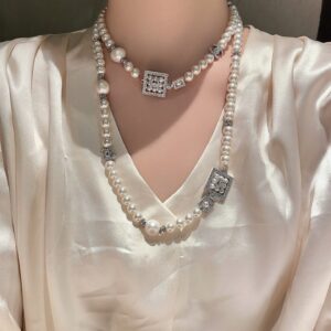 Chanel silver enamel block pearl necklace