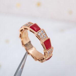 Broad red agate snake ring white bead sizes 5-8 US