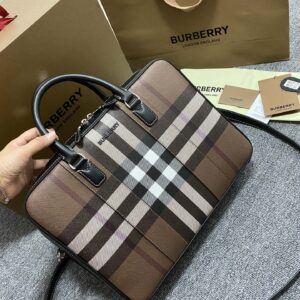 Leather briefcase with checked pattern