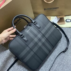 Leather briefcase with checked pattern