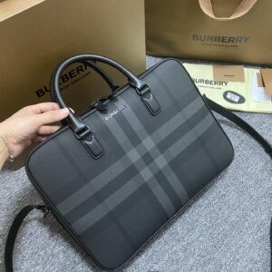 Leather briefcase with checked pattern