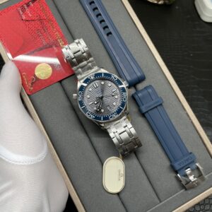 Omega Seamaster 300 gray blue dial leather strap watch