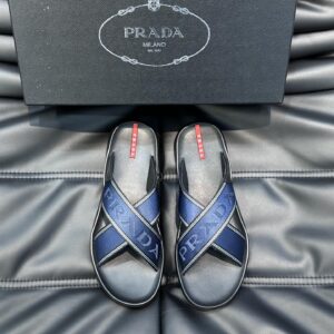Prada new men's genuine leather slide sandals with original brand woven tag