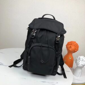 Nylon backpack with Saffiano leather trim, multiple pockets