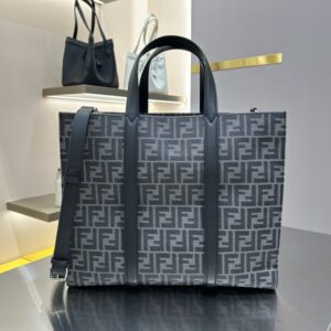 Fendi men's monogram hand bag with neutral grey and FF pattern