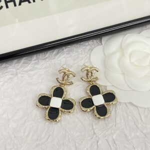 CHANEL 23K Black White Enamel Clover Earrings