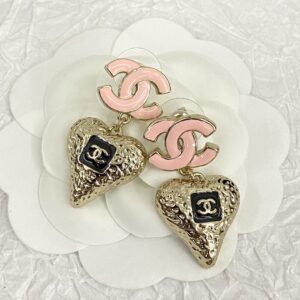 CHANEL 23K Pink Enamel Double C Heart Earrings