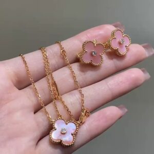 Red beaded four-leaf necklace with ear drop