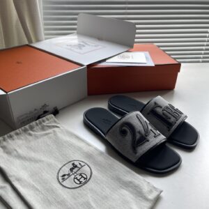 H brand linen-print leather mens slipper
