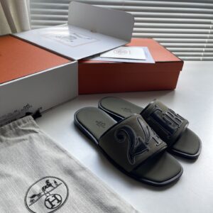 H brand linen-print leather mens slipper