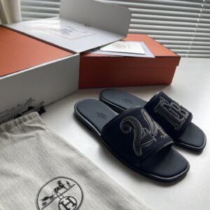 H brand new linen-print leather mens slipper