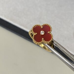Gold Red Four Leaf Clover Ring