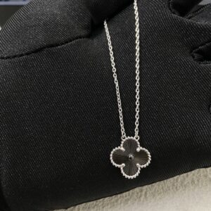 Cartier new black onyx white platinum four leaf necklace